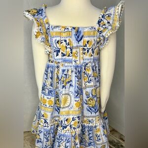 Tommy Bahama Toddler Girl Blue Patchwork/Lemon Flutter Sleeve Cotton Dress 2T